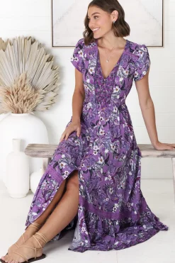 Carmen Maxi Dress - Butterfly Cap Sleeve Button Down A Line Dress with Lace Trim in Rhodium Print><noscript><img width=