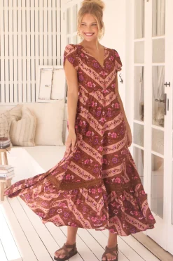 Carmen Maxi Dress - Butterfly Cap Sleeve Button Down A Line Dress with Lace Trim in Savanna Print><noscript><img width=