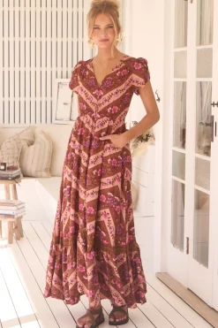 Carmen Maxi Dress - Butterfly Cap Sleeve Button Down A Line Dress with Lace Trim in Savanna Print><noscript><img width=