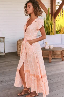 Carmen Maxi Dress - Butterfly Cap Sleeve Button Down A Line Dress with Lace Trim in Peach Island Print><noscript><img width=