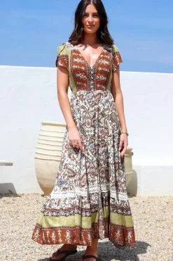 Carmen Maxi Dress - Butterfly Cap Sleeve Button Down A Line Dress with Lace Trim in Oakie Print><noscript><img width=