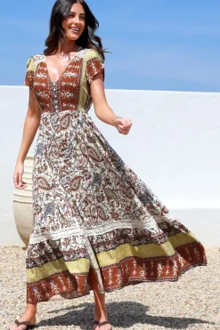 Carmen Maxi Dress - Butterfly Cap Sleeve Button Down A Line Dress with Lace Trim in Oakie Print><noscript><img width=