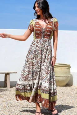 Carmen Maxi Dress - Butterfly Cap Sleeve Button Down A Line Dress with Lace Trim in Oakie Print><noscript><img width=