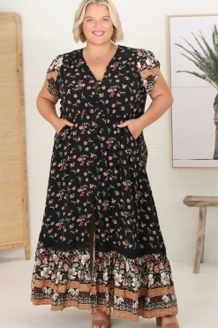 Carmen Maxi Dress - Butterfly Cap Sleeve Button Down A Line Dress with Lace Trim in Eternity Print><noscript><img width=