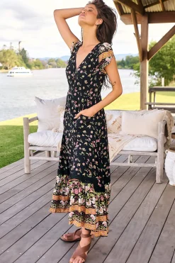 Carmen Maxi Dress - Butterfly Cap Sleeve Button Down A Line Dress with Lace Trim in Eternity Print><noscript><img width=