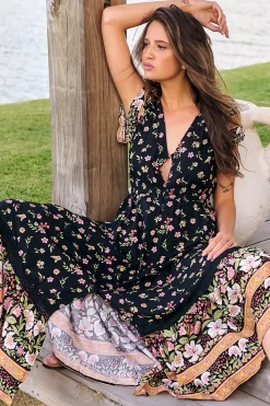 Carmen Maxi Dress - Butterfly Cap Sleeve Button Down A Line Dress with Lace Trim in Eternity Print><noscript><img width=