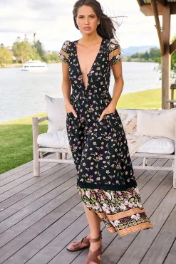Carmen Maxi Dress - Butterfly Cap Sleeve Button Down A Line Dress with Lace Trim in Eternity Print><noscript><img width=