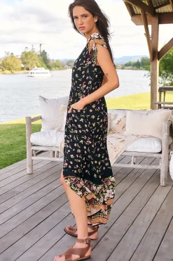 Carmen Maxi Dress - Butterfly Cap Sleeve Button Down A Line Dress with Lace Trim in Eternity Print><noscript><img width=