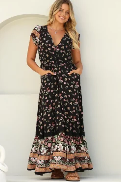 Carmen Maxi Dress - Butterfly Cap Sleeve Button Down A Line Dress with Lace Trim in Eternity Print><noscript><img width=