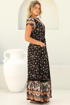Carmen Maxi Dress - Butterfly Cap Sleeve Button Down A Line Dress with Lace Trim in Eternity Print><noscript><img width=