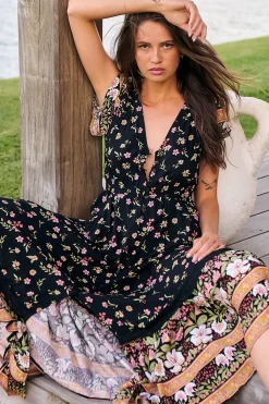 Carmen Maxi Dress - Butterfly Cap Sleeve Button Down A Line Dress with Lace Trim in Eternity Print><noscript><img width=