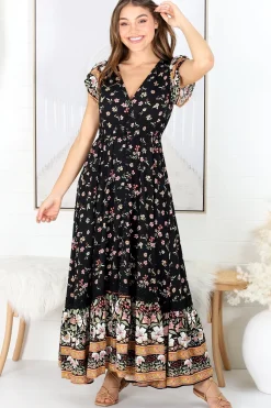 Carmen Maxi Dress - Butterfly Cap Sleeve Button Down A Line Dress with Lace Trim in Eternity Print><noscript><img width=
