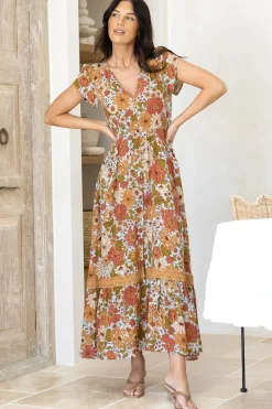 Carmen Maxi Dress: Butterfly Cap Sleeve Button Down A Line Dress with Lace Trim in Mimosa Print><noscript><img width=