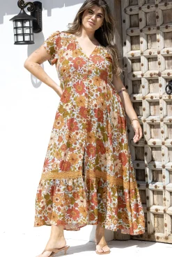 Carmen Maxi Dress: Butterfly Cap Sleeve Button Down A Line Dress with Lace Trim in Mimosa Print><noscript><img width=