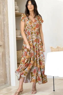 Carmen Maxi Dress: Butterfly Cap Sleeve Button Down A Line Dress with Lace Trim in Mimosa Print><noscript><img width=