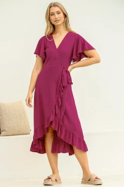 Carolina Midi Dress - V Neck Wrap Dress with Ruffle High Low Hemline in Purple>Salty Crush Outlet