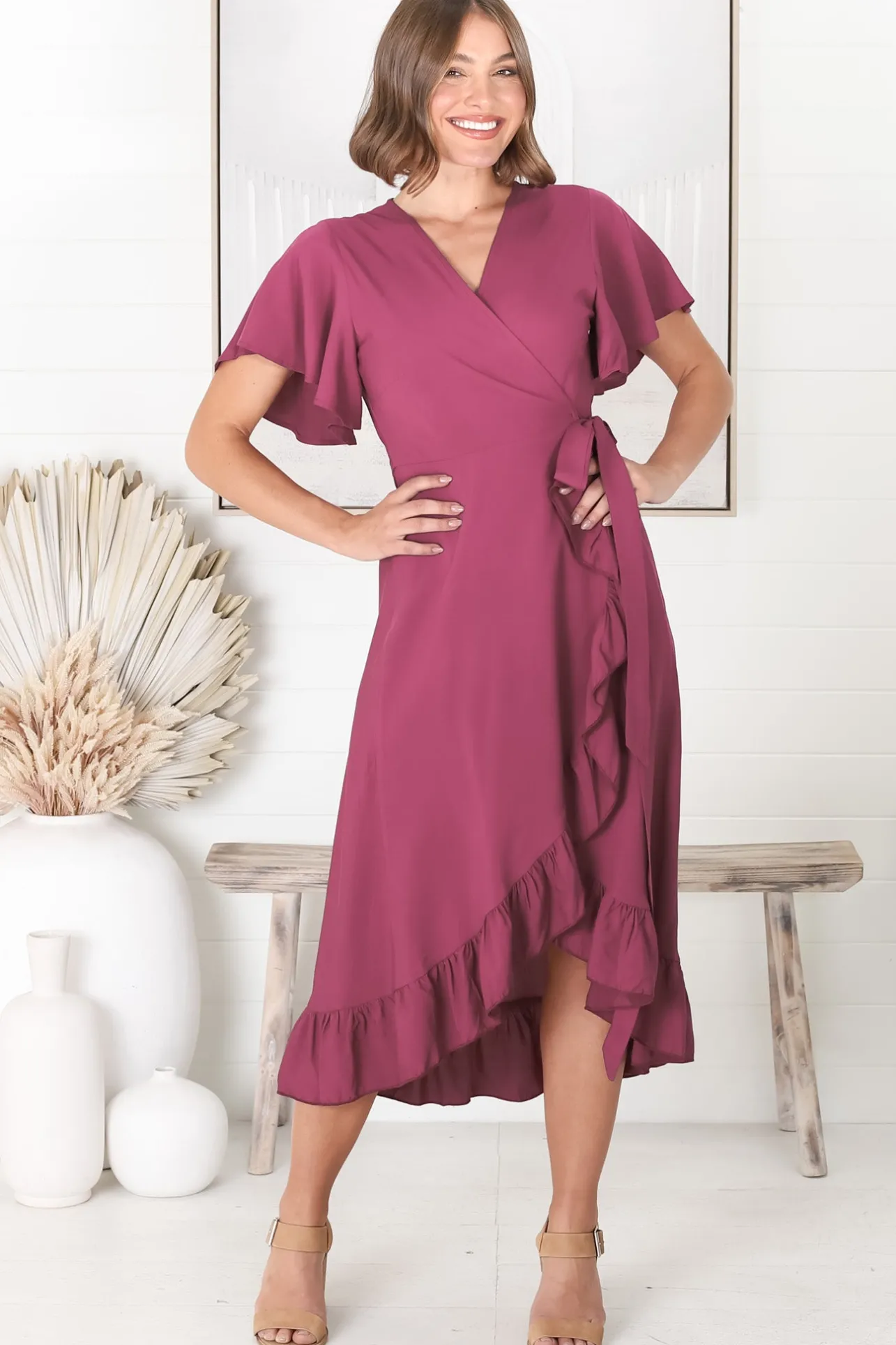 Carolina Midi Dress - V Neck Wrap Dress with Ruffle High Low Hemline in Purple>Salty Crush Outlet