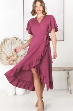 Carolina Midi Dress - V Neck Wrap Dress with Ruffle High Low Hemline in Purple><noscript><img width=