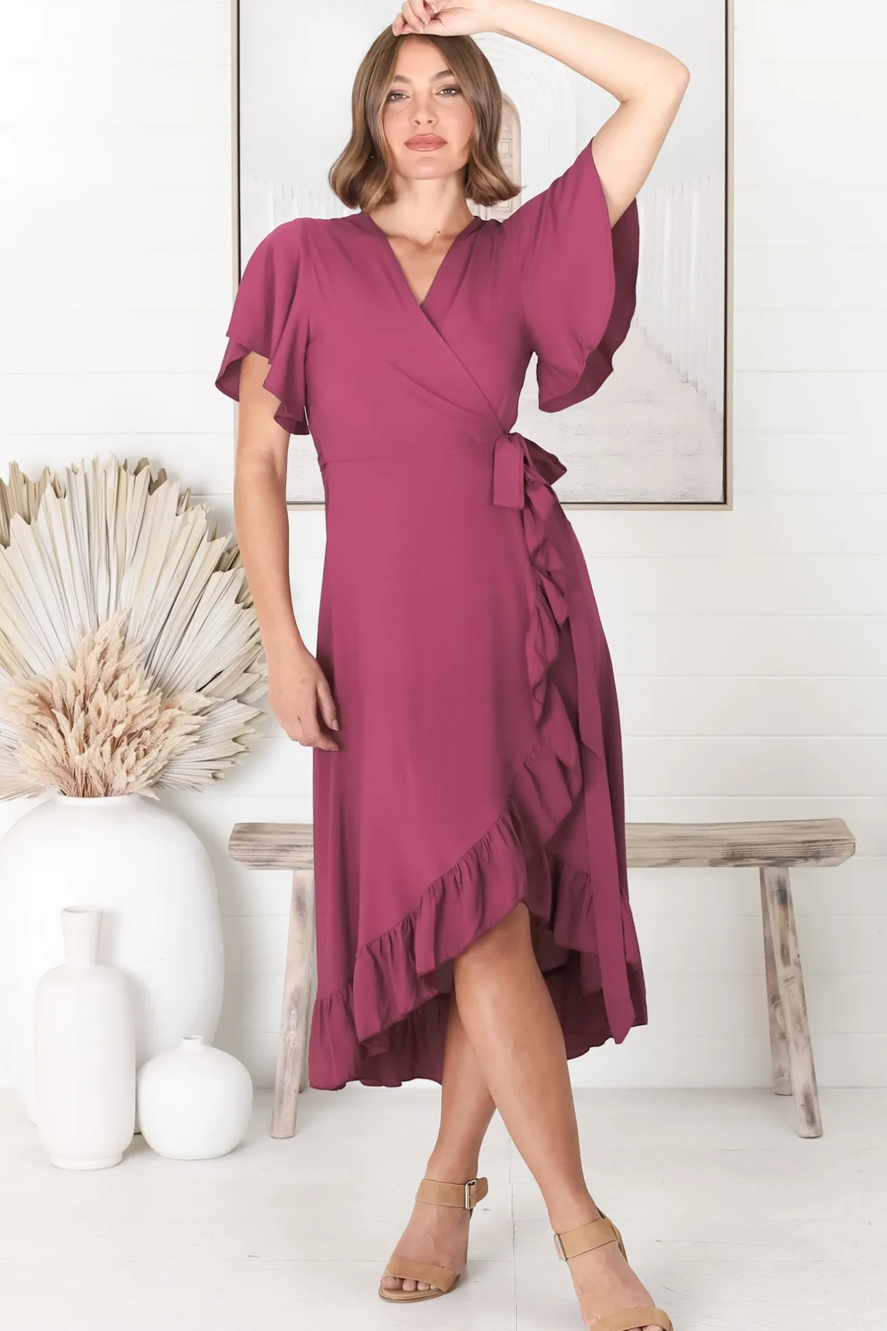 Carolina Midi Dress - V Neck Wrap Dress with Ruffle High Low Hemline in Purple>Salty Crush Outlet