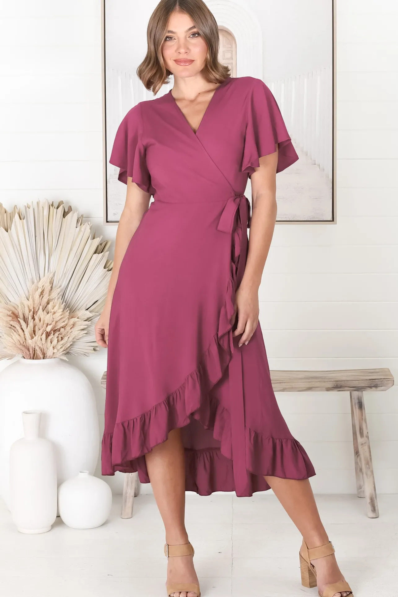 Carolina Midi Dress - V Neck Wrap Dress with Ruffle High Low Hemline in Purple>Salty Crush Outlet