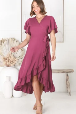 Carolina Midi Dress - V Neck Wrap Dress with Ruffle High Low Hemline in Purple><noscript><img width=