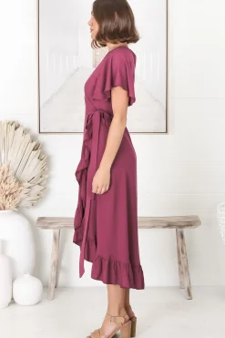 Carolina Midi Dress - V Neck Wrap Dress with Ruffle High Low Hemline in Purple><noscript><img width=
