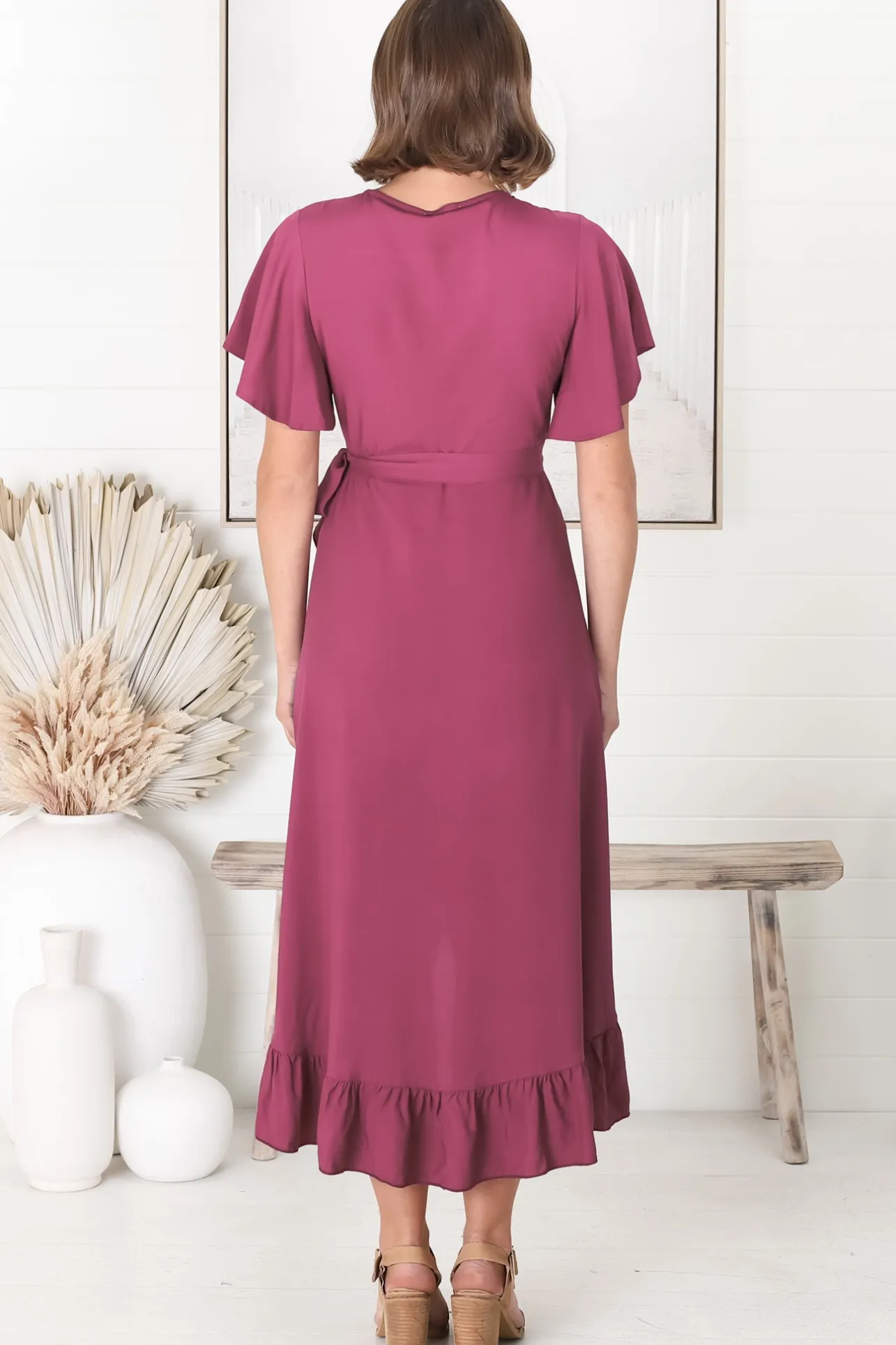 Carolina Midi Dress - V Neck Wrap Dress with Ruffle High Low Hemline in Purple>Salty Crush Outlet