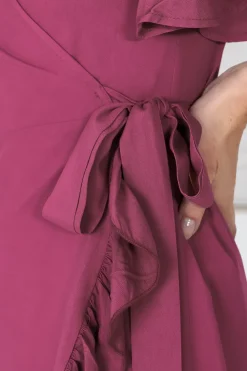 Carolina Midi Dress - V Neck Wrap Dress with Ruffle High Low Hemline in Purple><noscript><img width=