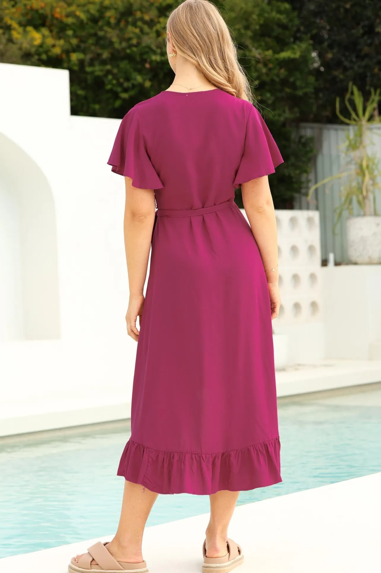 Carolina Midi Dress - V Neck Wrap Dress with Ruffle High Low Hemline in Purple>Salty Crush Outlet