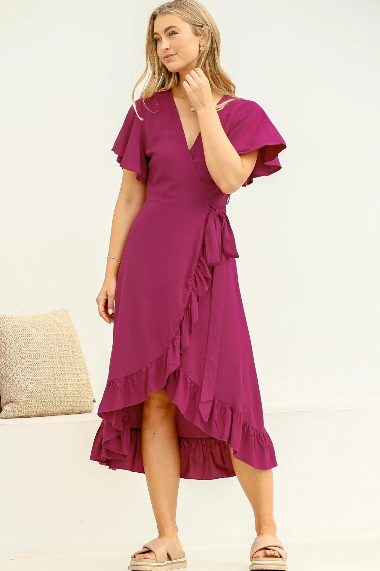 Carolina Midi Dress - V Neck Wrap Dress with Ruffle High Low Hemline in Purple>Salty Crush Outlet