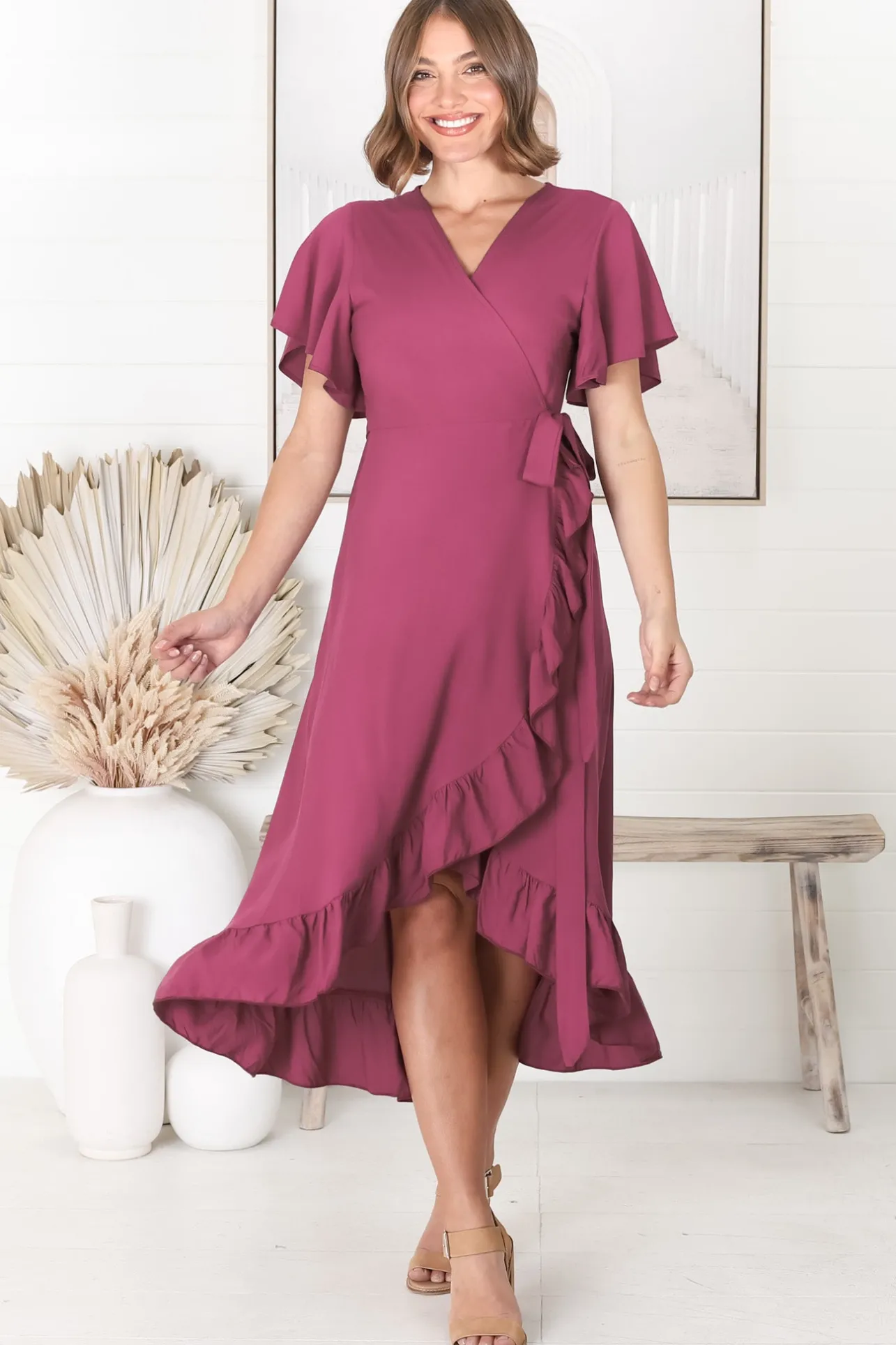 Carolina Midi Dress - V Neck Wrap Dress with Ruffle High Low Hemline in Purple>Salty Crush Outlet