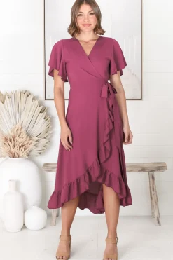Carolina Midi Dress - V Neck Wrap Dress with Ruffle High Low Hemline in Purple><noscript><img width=