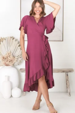 Carolina Midi Dress - V Neck Wrap Dress with Ruffle High Low Hemline in Purple><noscript><img width=