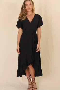 Carolina Midi Dress - V Neck Wrap Dress with Ruffle High Low Hemline in Black>Salty Crush Clearance