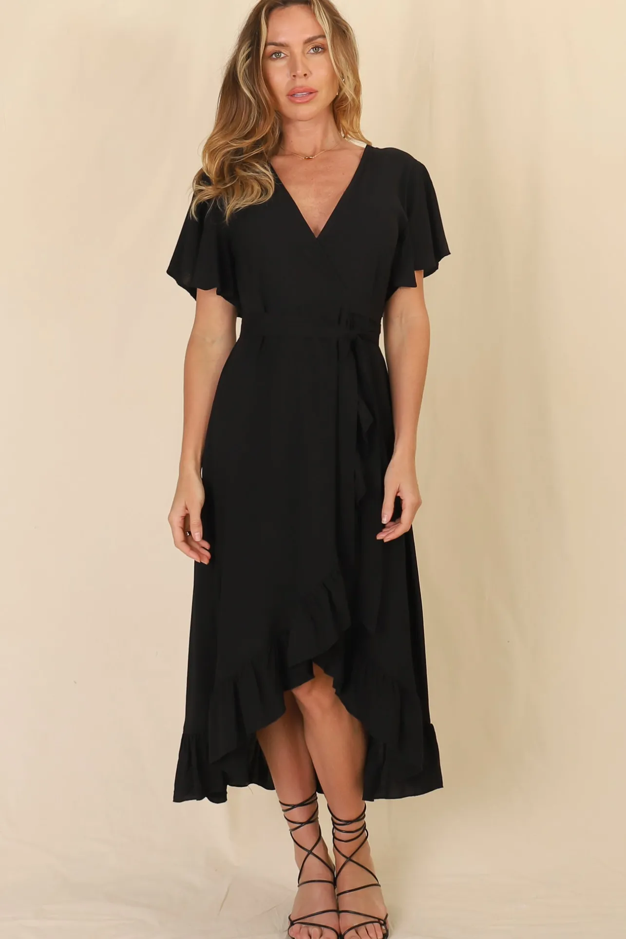 Carolina Midi Dress - V Neck Wrap Dress with Ruffle High Low Hemline in Black>Salty Crush Clearance