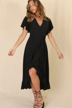 Carolina Midi Dress - V Neck Wrap Dress with Ruffle High Low Hemline in Black><noscript><img width=
