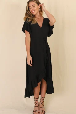 Carolina Midi Dress - V Neck Wrap Dress with Ruffle High Low Hemline in Black><noscript><img width=