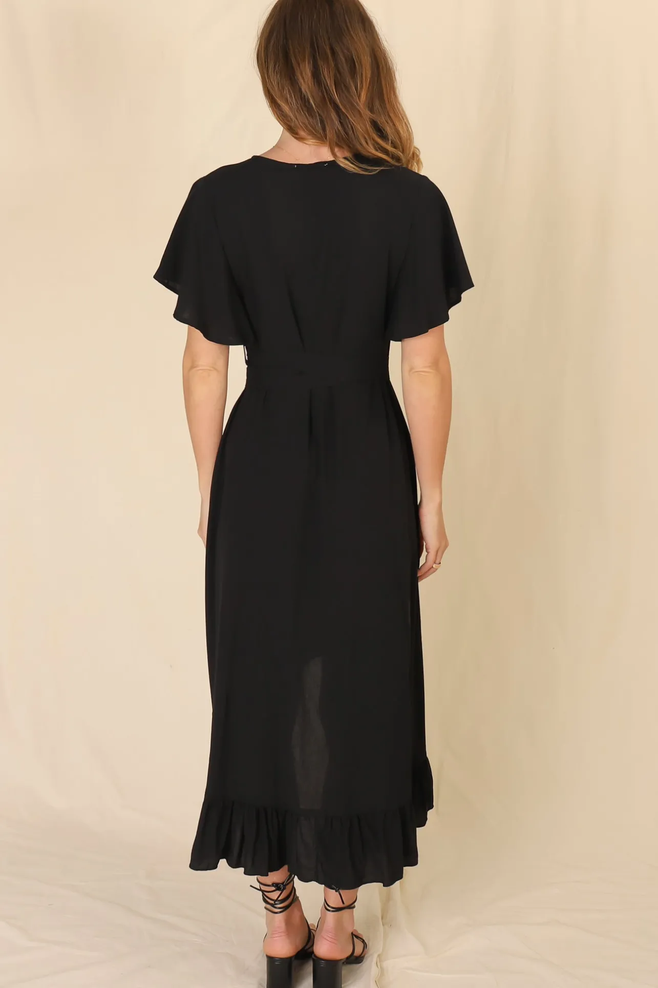 Carolina Midi Dress - V Neck Wrap Dress with Ruffle High Low Hemline in Black>Salty Crush Clearance