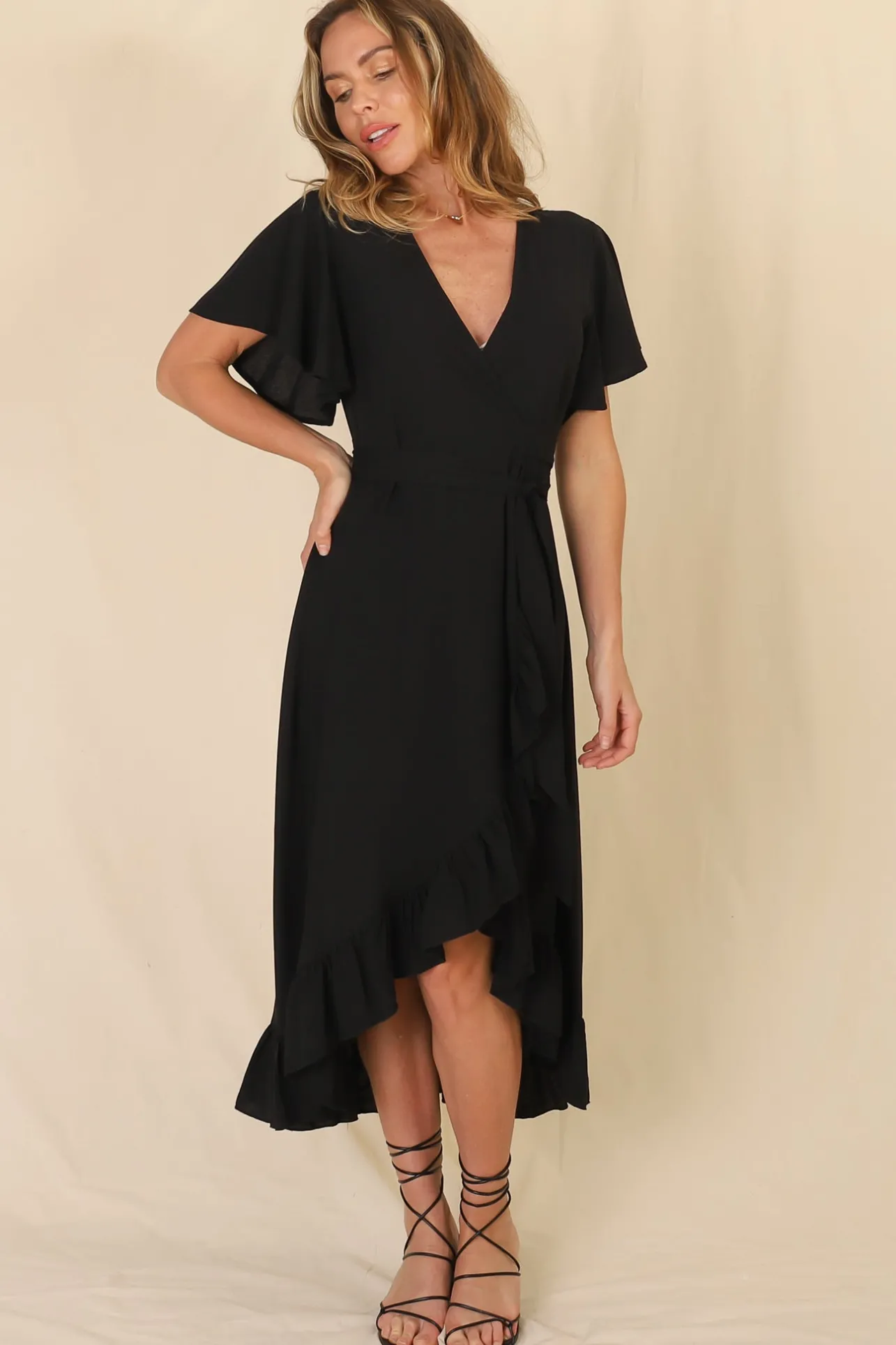 Carolina Midi Dress - V Neck Wrap Dress with Ruffle High Low Hemline in Black>Salty Crush Clearance