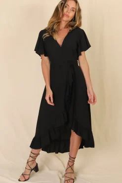 Carolina Midi Dress - V Neck Wrap Dress with Ruffle High Low Hemline in Black><noscript><img width=