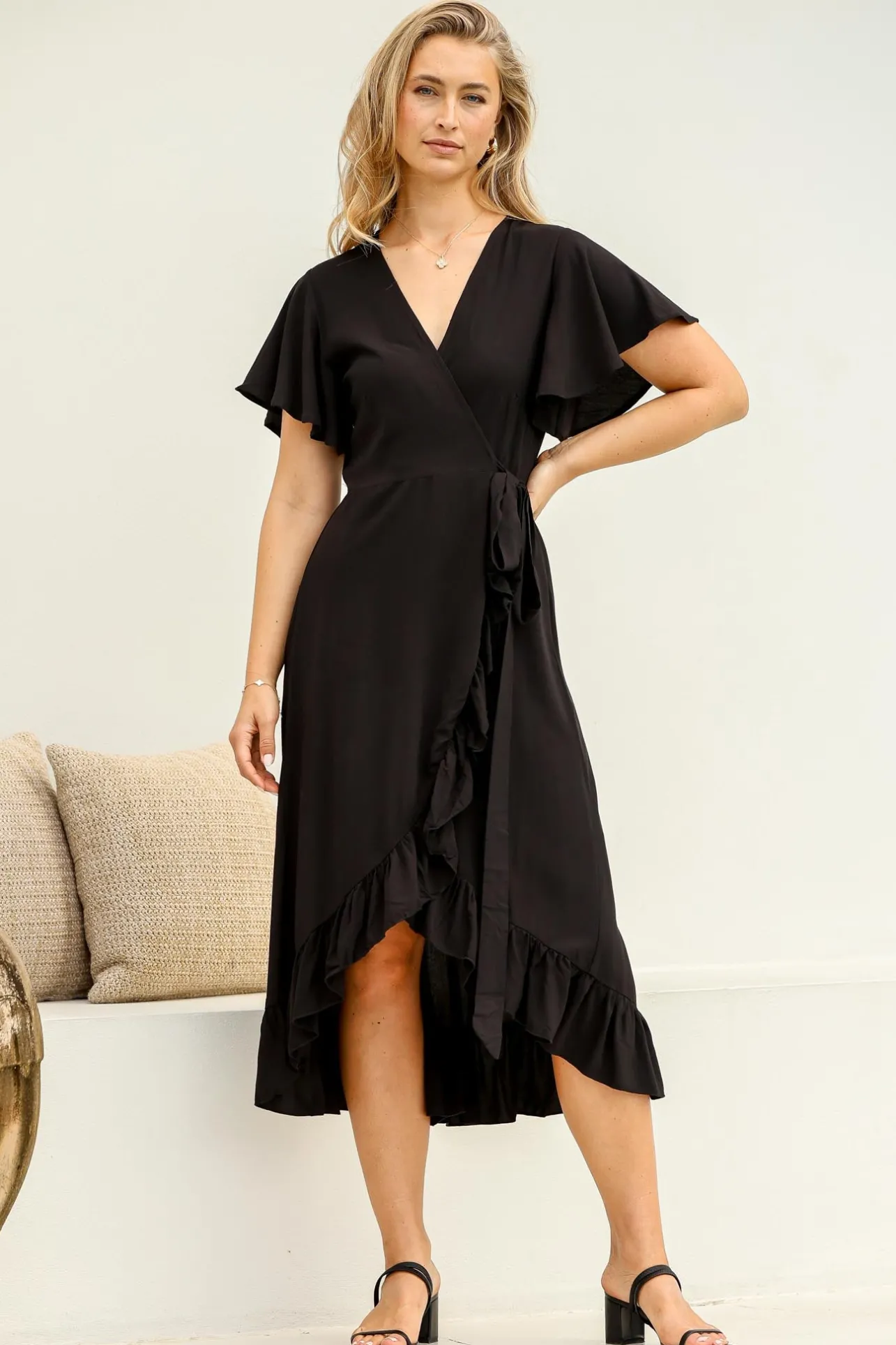 Carolina Midi Dress - V Neck Wrap Dress with Ruffle High Low Hemline in Black>Salty Crush Clearance