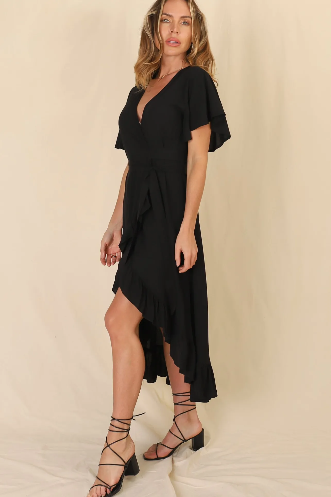 Carolina Midi Dress - V Neck Wrap Dress with Ruffle High Low Hemline in Black>Salty Crush Clearance