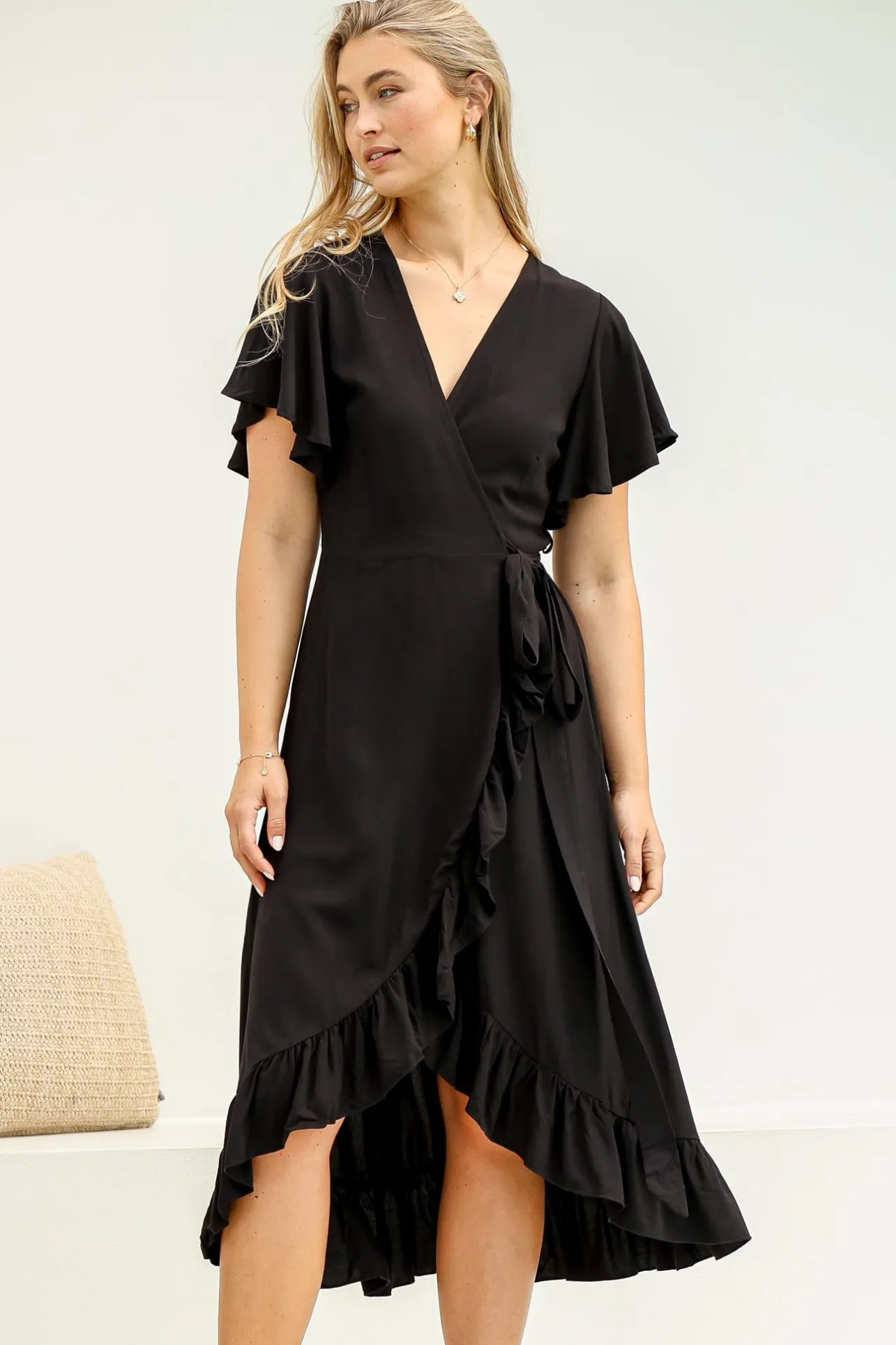 Carolina Midi Dress - V Neck Wrap Dress with Ruffle High Low Hemline in Black>Salty Crush Clearance
