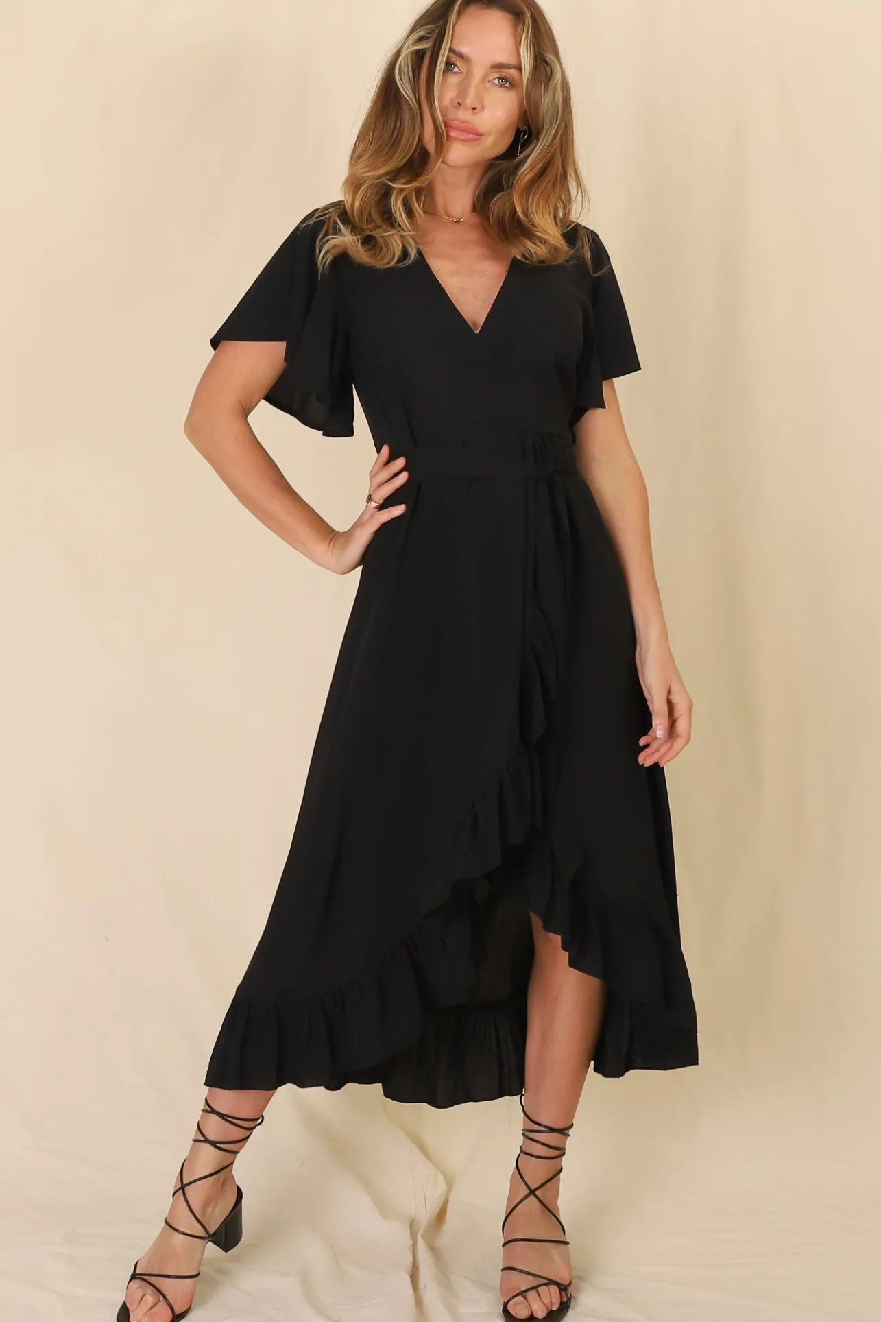 Carolina Midi Dress - V Neck Wrap Dress with Ruffle High Low Hemline in Black>Salty Crush Clearance