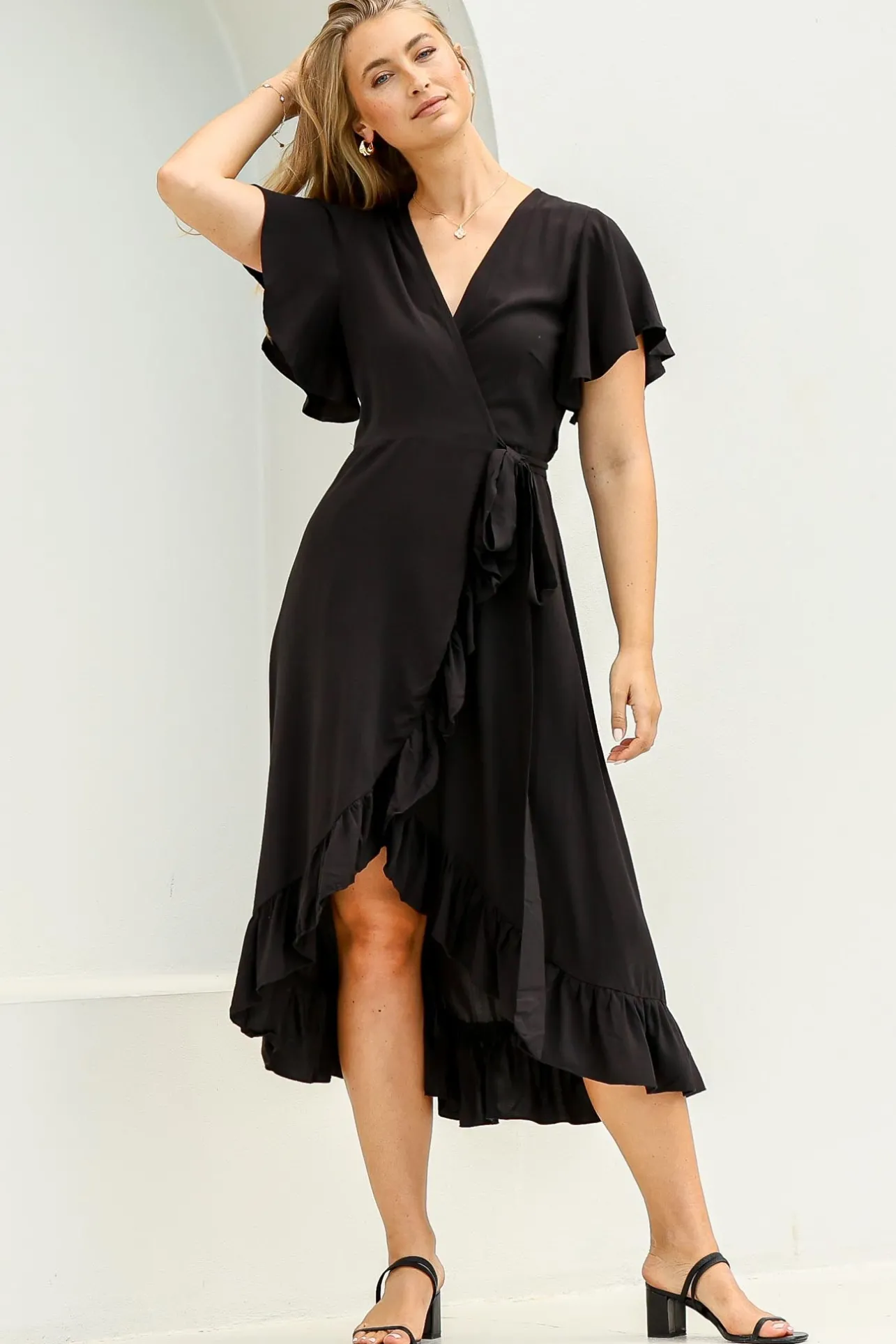 Carolina Midi Dress - V Neck Wrap Dress with Ruffle High Low Hemline in Black>Salty Crush Clearance