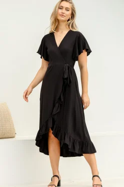 Carolina Midi Dress - V Neck Wrap Dress with Ruffle High Low Hemline in Black><noscript><img width=