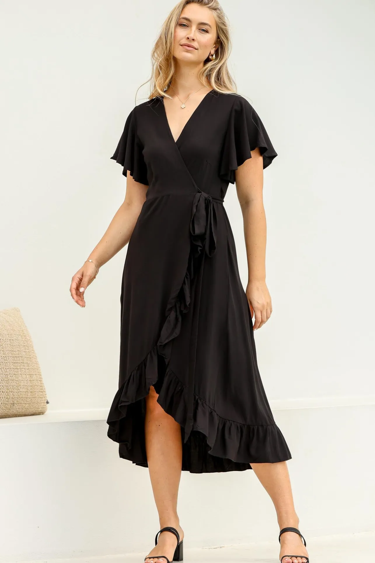 Carolina Midi Dress - V Neck Wrap Dress with Ruffle High Low Hemline in Black>Salty Crush Clearance