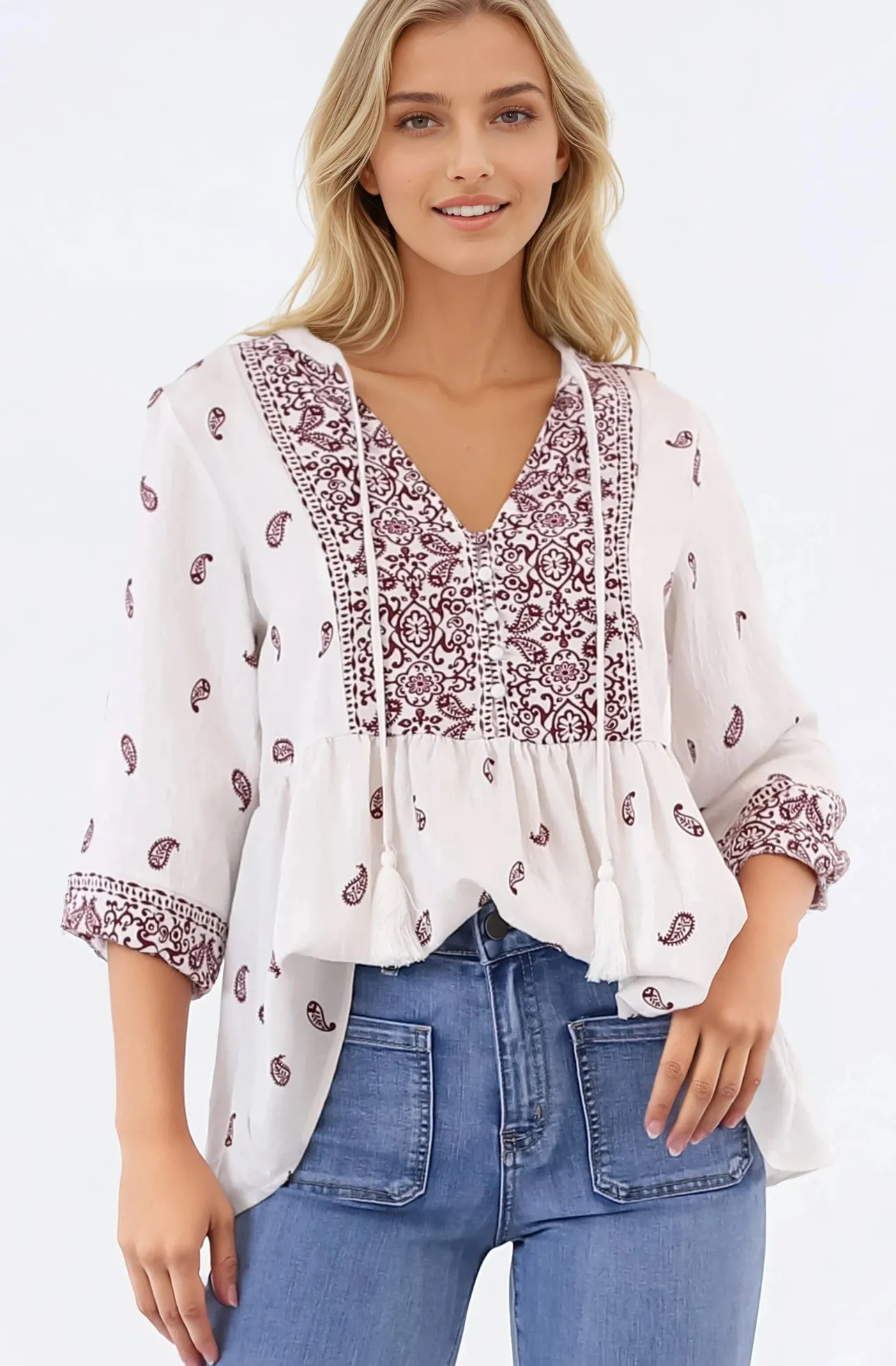 Carys Blouse - V-Neck Buttoned Bodice Pull Over Top in Wright Print Wine>Salty Crush Online