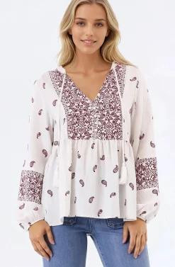 Carys Blouse - V-Neck Buttoned Bodice Pull Over Top in Wright Print Wine>Salty Crush Online