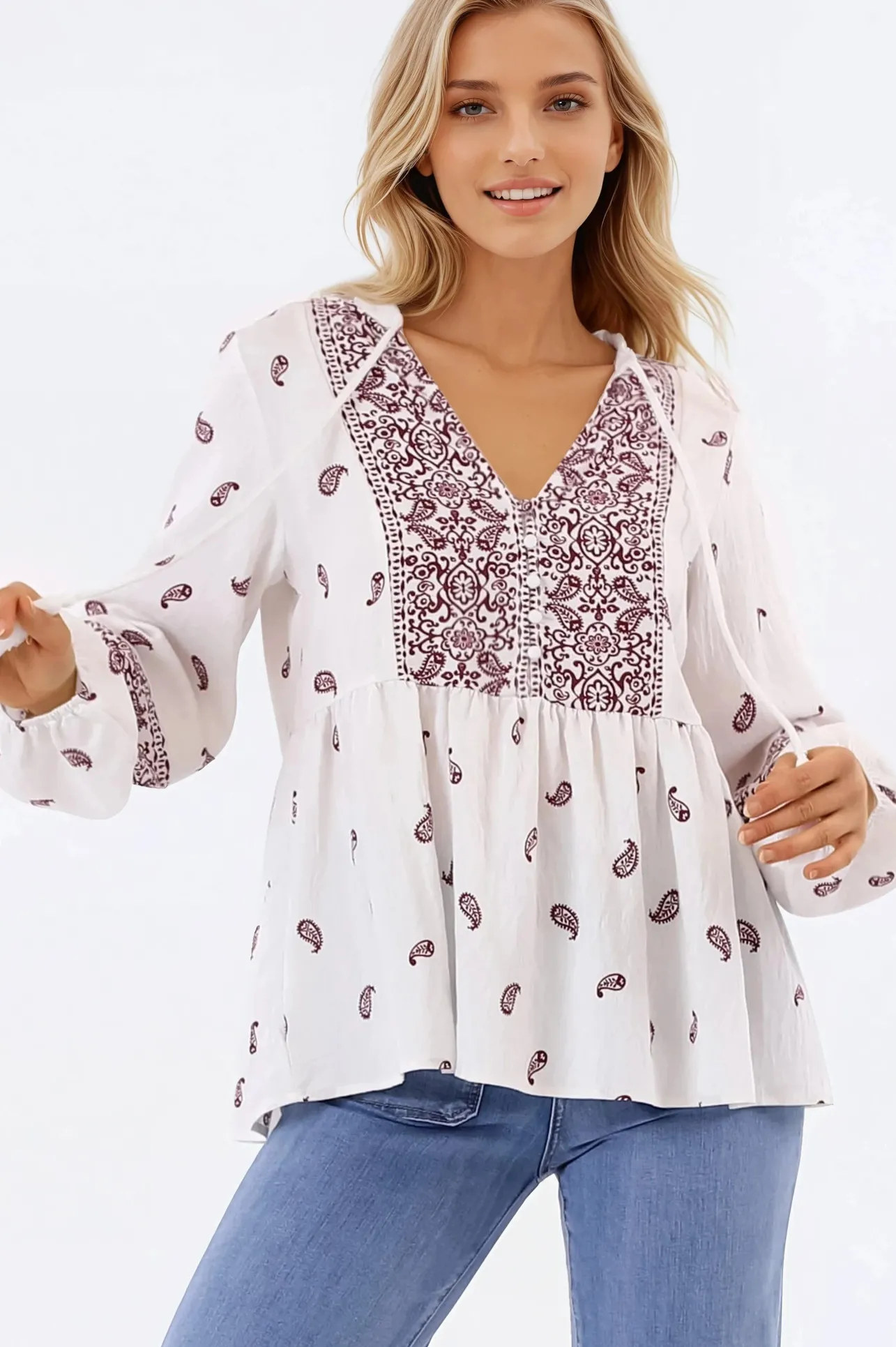 Carys Blouse - V-Neck Buttoned Bodice Pull Over Top in Wright Print Wine>Salty Crush Online